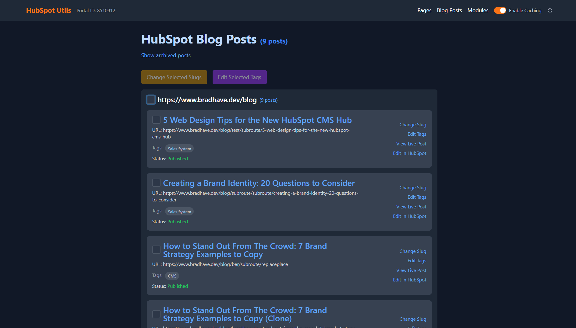 Blog management dashboard displaying post listings and tag management interface