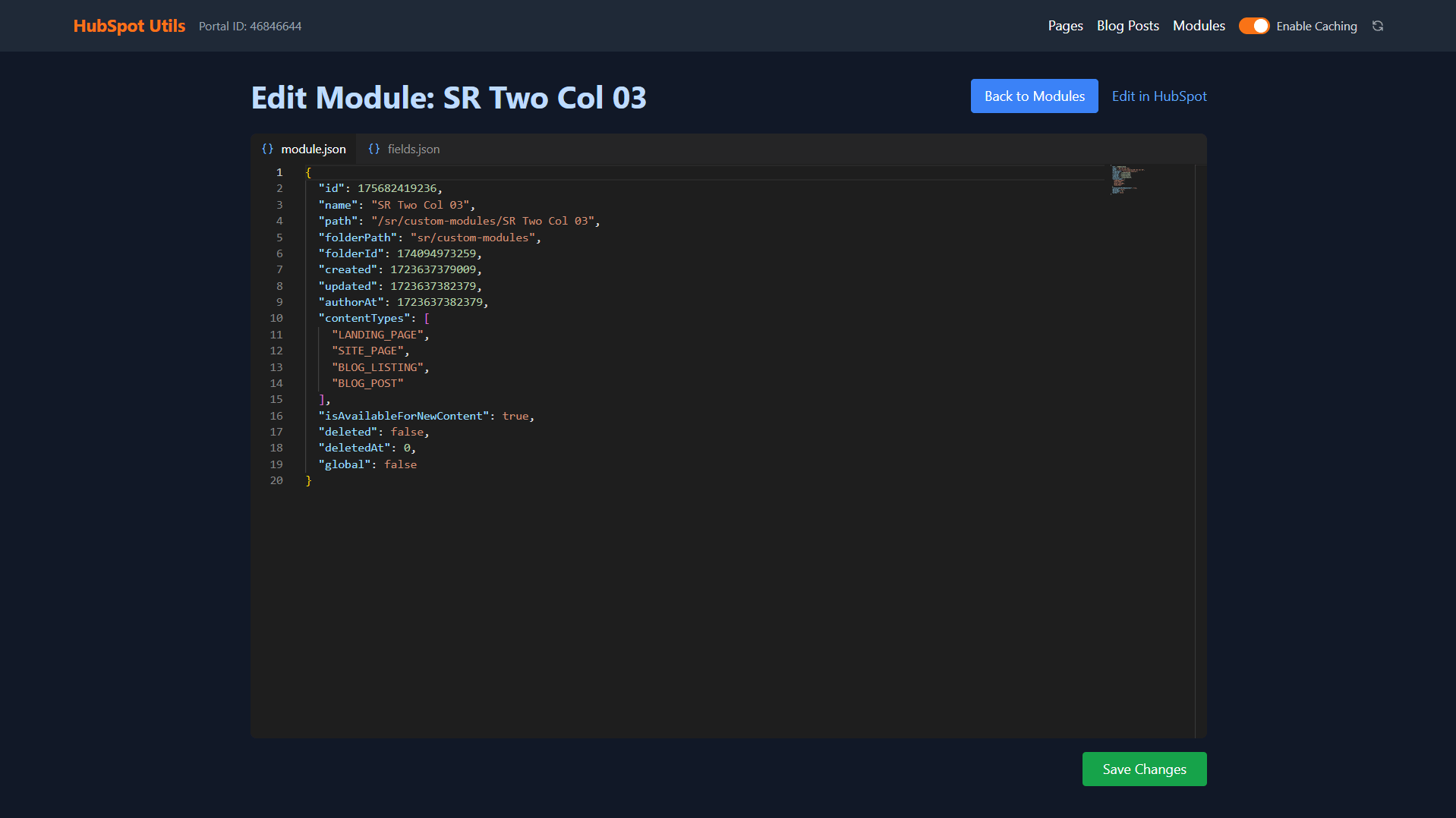 Module management interface showing the JSON editor and module tree structure