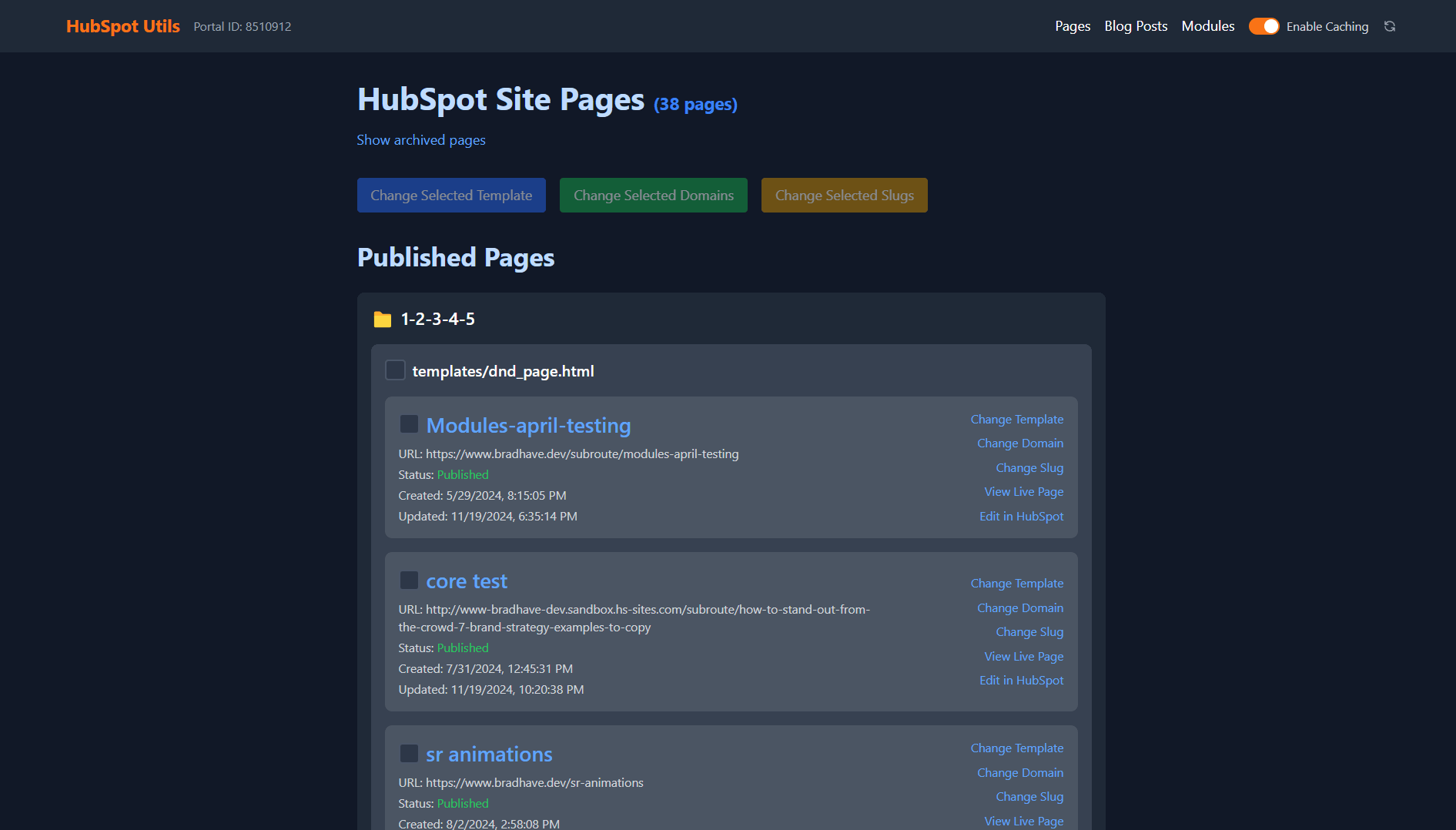Page management interface showing the list view of HubSpot pages with status indicators and bulk actions